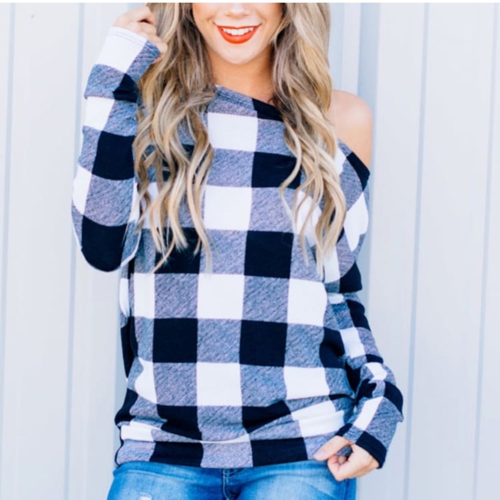 Plaid Off the Shoulder Sweater-M 6-8